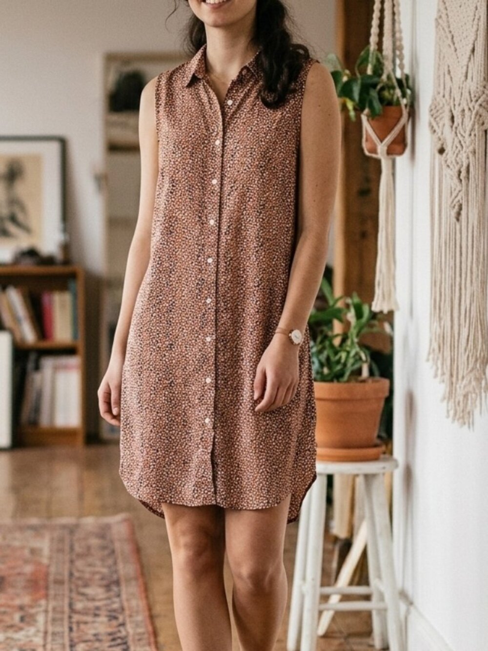 TAHARI Brown/White Linen Button Down Sleeveless Dress sz M